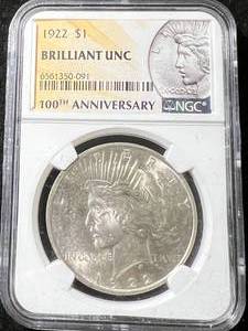lot 60 image: 1922 US PEACE SILVER DOLLAR NGC BU