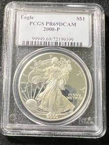 lot 69 image: 2000 PROOF AMERICAN SILVER EAGLE PCGS PR69DCAM