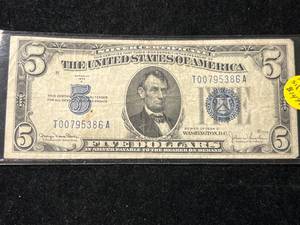 lot 105 image: 1934D US BLUE SEAL $5 SILVER CERTIFICATE