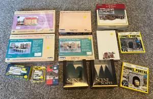lot 114 image: (13) Various HO Scale Model Buildings and Accessories - Iron Works, Transfer Pier, Saw Mill, Caf, Docks, Trees, Tunnel Portal, Dump Truck, Detail Kit, Signals and More