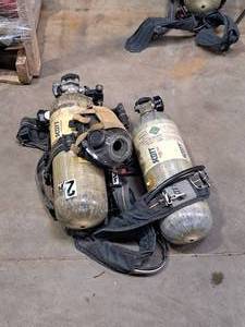 lot 221 image: Scott Air-Pak SCBA 2216-PSI Firefighter Set   Open CircuitPressure-DemandEntry and Escape - Tanks (x2), Mask and Harness