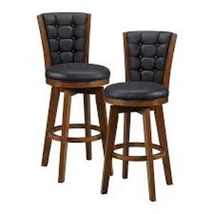 lot 14 image: Lazzara Brielle 30 In. Chestnut Finish High Back Wood Swivel Bar Height Stool with Black Faux Leather Seat (Set of 2)  Customer Returns See Pictures
