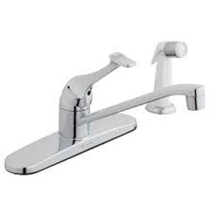 lot 32 image: Glacier Bay Single Handle Standard Kitchen Faucet in Chrome with White Side Sprayer  Customer Returns See Pictures