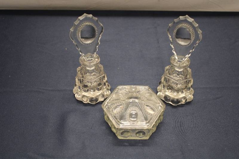 Set of 2 Vintage Glass Handled Vases and Hexagonal Lidded Box