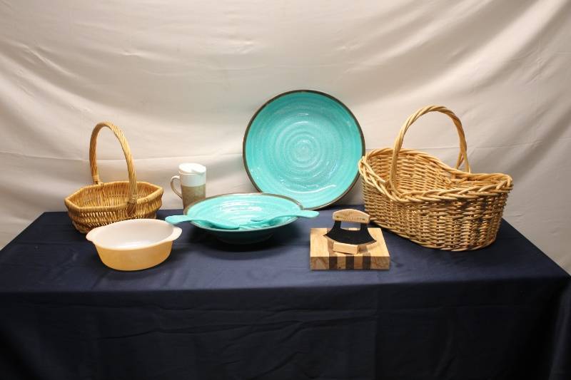 Collection of 6 Kitchen Items - Baskets, Plate, Utensils, and Mug