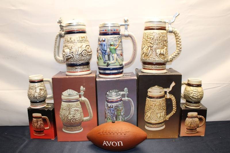 Collection of 7 Avon Decorative Stein Mugs and a Football