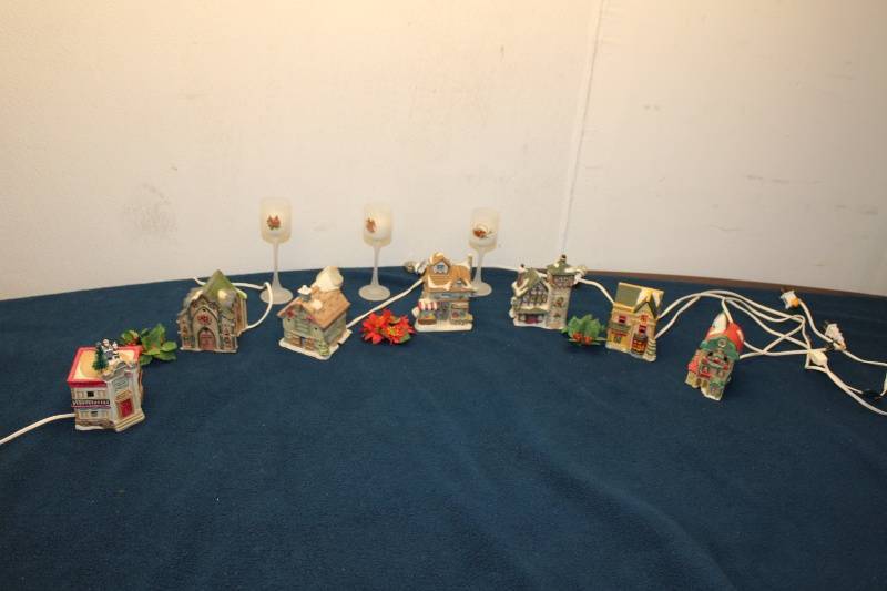 Collection of 8 Lighted Christmas Village Houses with Accessories