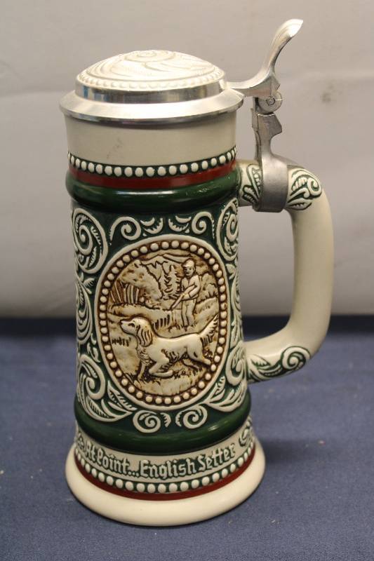 Vintage Handcrafted Beer Stein - English Setter and Trout Design