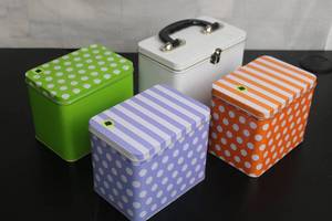Set of 4 Decorative Storage Tins - Green, Purple, Orange, and White