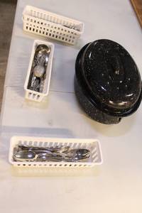 Set of 3 Plastic Baskets with Stainless Steel Flatware and Black Enamel Casserole Dish