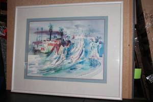 Framed China Cove Watercolor Painting by T. Koren, Coastal Scene