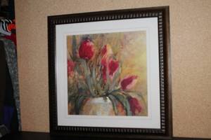 Framed Artwork of Red Tulips in a Vase