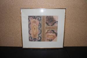 Framed Artwork Featuring Mixed Media Design with Lace and Keyhole Motif