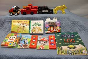 Large Toy Box with Assorted Children��s Books and Wooden Vehicles