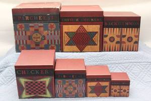 Set of Stackable Vintage Game Boxes - Parcheesi, Chinese Checkers, Checkers, Backgammon