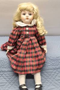 Vintage Bradley Porcelain Doll in Plaid Dress with Hat