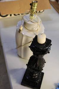 Vintage Black Wooden Candle Holder and Ceramic Table Lamp Set