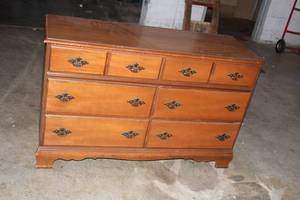 Vintage Wooden Dresser with 9 Drawers and Brass Handles