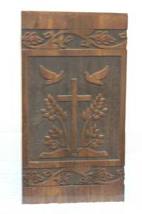 lot 24 image: Hand-Carved Wooden Urn Box with Religious Motif and Leaf Design