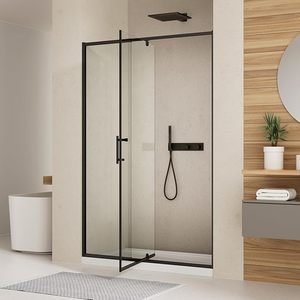 lot 43 image: 48 Inch Matte Black Shower Door with Fixed Glass