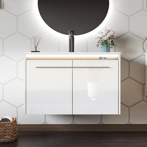 lot 49 image: AMERLIFE 31 LED Floating Bathroom Vanity with Sink, High Gloss Single Sink Wall Mounted Bathroom Storage Vanity Cabinet