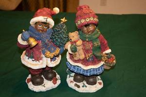 lot 6 image: Set of 2 Decorative Christmas Figurines - Boy with Bell and Girl with Teddy Bear