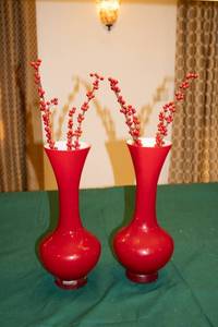 lot 11 image: Pair of Red Decorative Vases with Floral Stems - 22 inches Tall