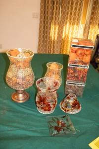 lot 20 image: Collection of Decorative Glass Vases and Plate with Autumn Theme