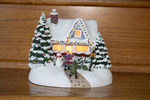 lot 35 image: Illuminated Christmas Village House with Figurines and Snowman