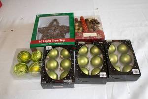 lot 108 image: Christmas Decoration Lot with Ornaments, Tree Topper, and Decorative Accents