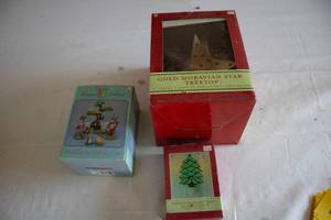 lot 110 image: Lot of 3 Holiday Decor Items Gold Moravian Star Treetop, Easter Bunny Family Set, Tiffany Holiday Tree Night Light