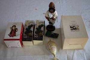 lot 113 image: Christmas Decor Lot - Hallmark Father Christmas, Mini Light Sets, Ornament, and Lenox Box