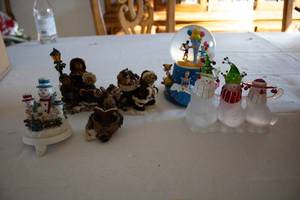 lot 160 image: Collection of Holiday Decor Including Snowmen, Moose, Bears, and a Disney Snow Globe