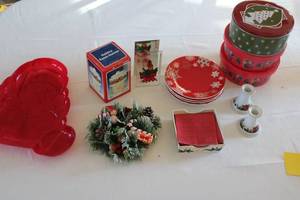 lot 57 image: Collection of Christmas Decor Items including Plates, Napkin Holder, and Santa Mold