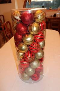 lot 87 image: 50 Count Shatterproof Ornaments in Red, Gold, and Glitter Finish