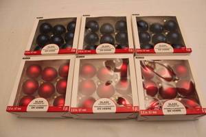 lot 88 image: Set of 3 Glass Ornament Sets - 24 Pieces Total (8 Red, 8 Blue, 8 Black)