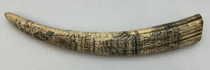 lot 1 image: 22 12 Liberty Ship James Allen Nuatical Themed Replica Resin Shrimshawed Walrus Tooth (FAKE Ivory Resin)