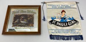 lot 122 image: 1990 PABST Blue Ribbon (Wood Ducks) Framed Mirror 14 38 x 15 38 & St. Pauli Girl Mini Banner 14 x 19