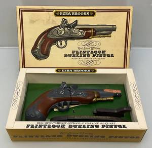 lot 133 image: Vintage EZRA BROOKS Flintlock Dueling Pistol Decanter (EMPTY) In Original Box