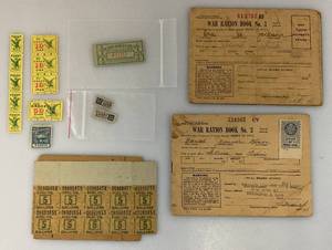 lot 158 image: Vintage War RationBook, Misc. Ration Stamps & 1939 Chicagos World Fair Ticket