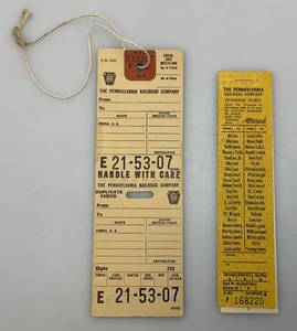 lot 159 image: Vintage Pennsylvania Railroad Exchange Ticket, Id Check, Exchange Ticket & Luggage Tags (In Protective Sleeve)