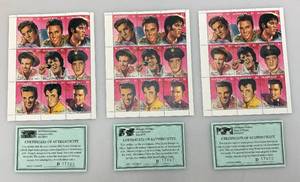 lot 200 image: Three USPS Full (9) Collector Stamp Sheets  Elvis Presley $1.00  With COA
