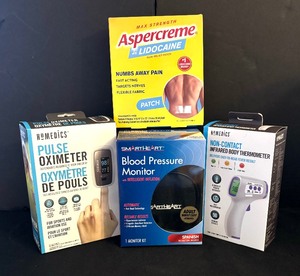 lot 89 image: New Homedics Pulse Oximeter, Smart Heart Blood Pressure Monitor, Homedics Thermometer and Aspercreme Numbing Agent