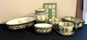 lot 155 image: Temp-Tations Old World Green Serving Platter, Canister, Soup Bowls, Trivet and More