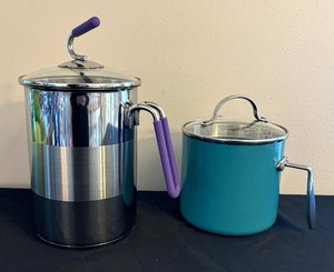 lot 170 image: Curtis Stone Dura-Pan Nonstick 3-Quart Jug Saucepan with Lid & New Kuhn Rikon Stainless Steel 4th Burner Chrome Pot wSteamer Basket
