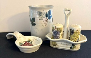 lot 172 image: Grape Motif Crock, Spoon Rest and SaltPepper Shakers