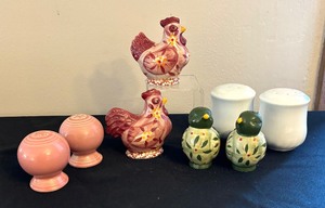 lot 185 image: Four Decorative Sets of Salt  Pepper Shakers including Temp-Tations Old World Cranberry Rooster Figurine Salt and Pepper Shakers