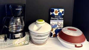 lot 217 image: Kitchen Essentials including Black and Decker Coffee Pot, Salad Spinner, Carving Knife and More
