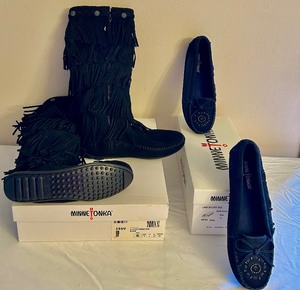 lot 219 image: New Minnetonka Five Layered Fringe Boots and Minnetonka Lana Beaded Moccasins