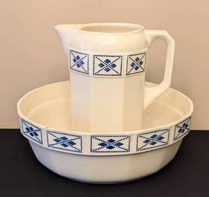 lot 303 image: Vintage Blue and White Ceramic Pitcher and Washbasin